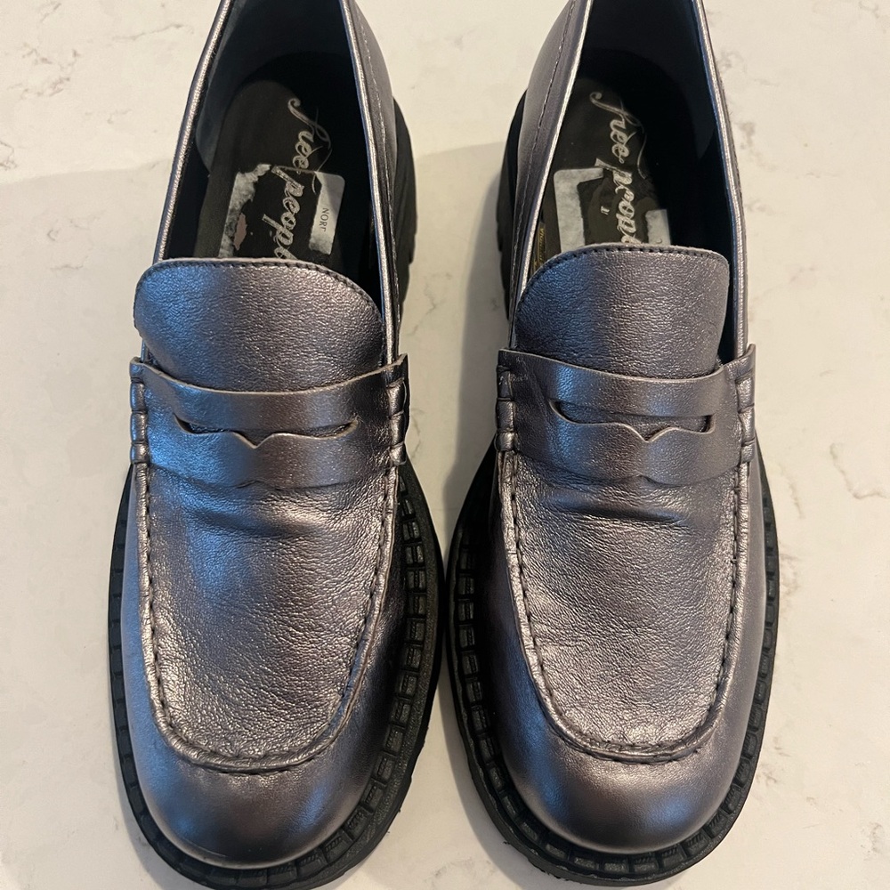 Free People Silver Flats Sleek Loafers